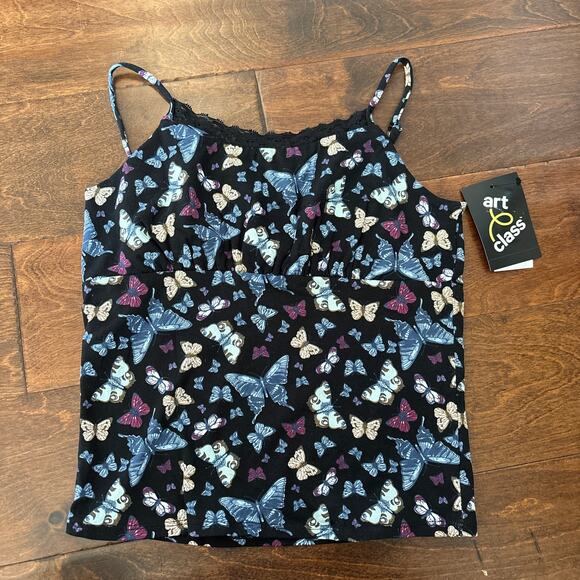 Art Class Girls XL 14 Tank Top Butterfly Fairycore Lace Trim Blue Black NEW - Picture 1 of 5